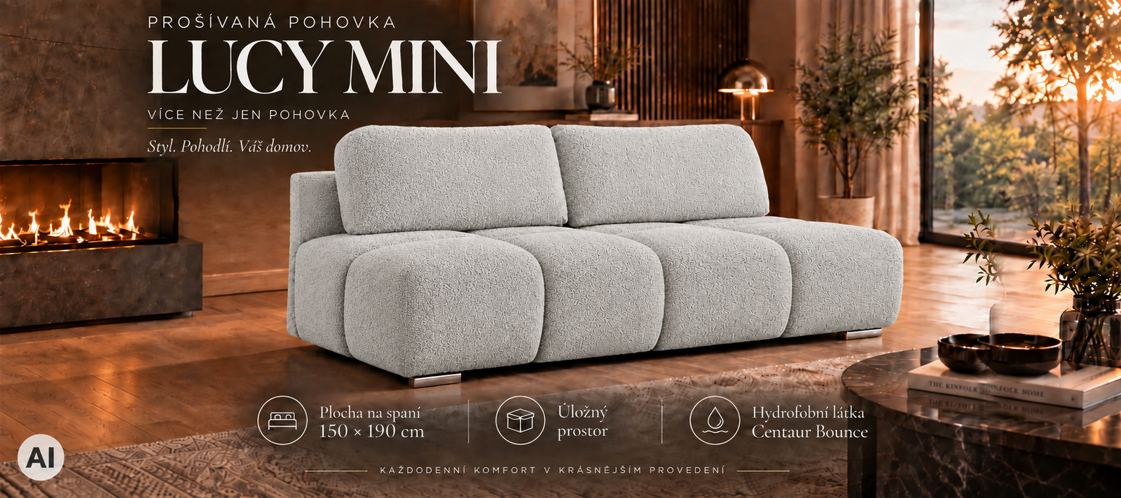 Dvojmiestna rozkladacia pohovka LUCY MINI | 195x104x89cm | CENTAUR SIVÁ