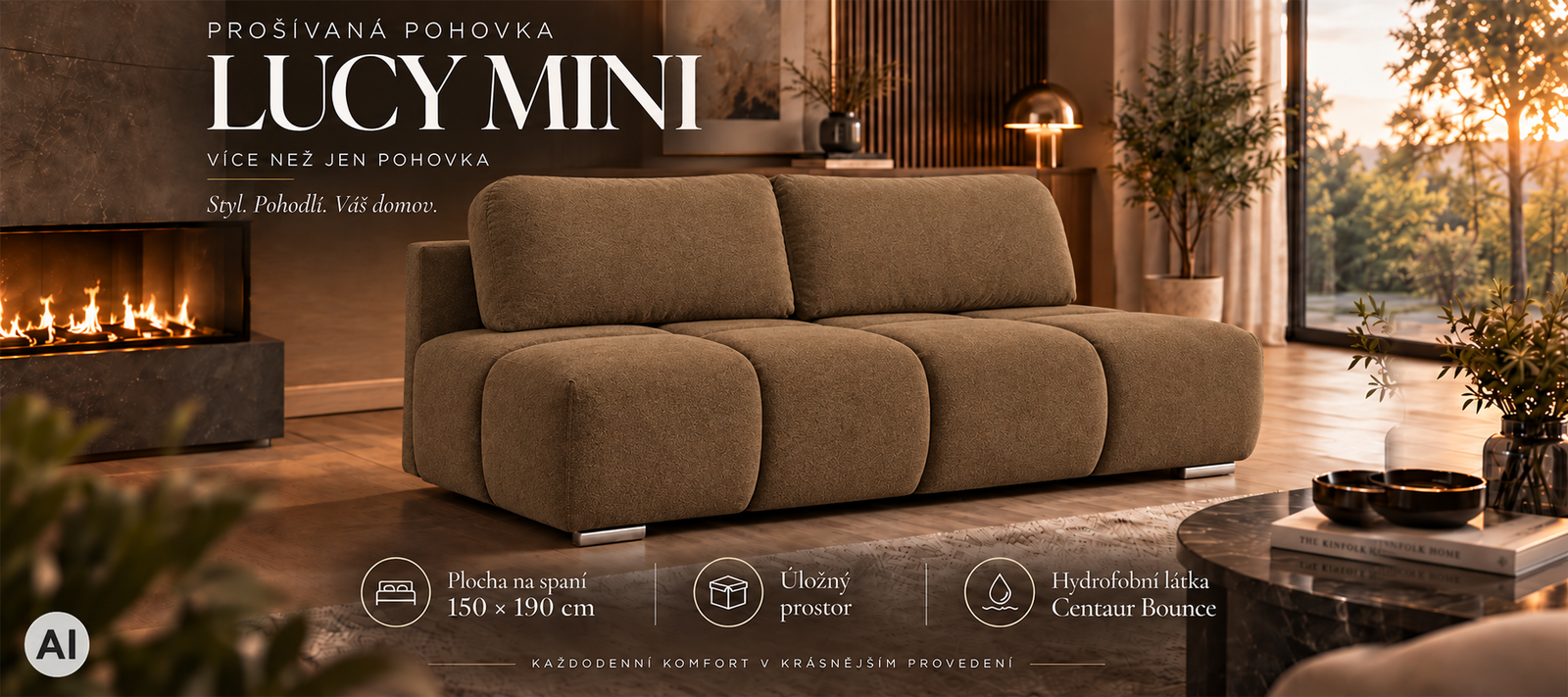 Dvojmiestna rozkladacia pohovka LUCY MINI | 195x104x89cm | CENTAUR HNEDÁ
