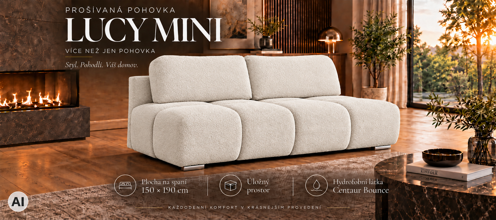 Dvojmiestna rozkladacia pohovka LUCY MINI | 195x104x89cm | CENTAUR KRÉMOVÁ