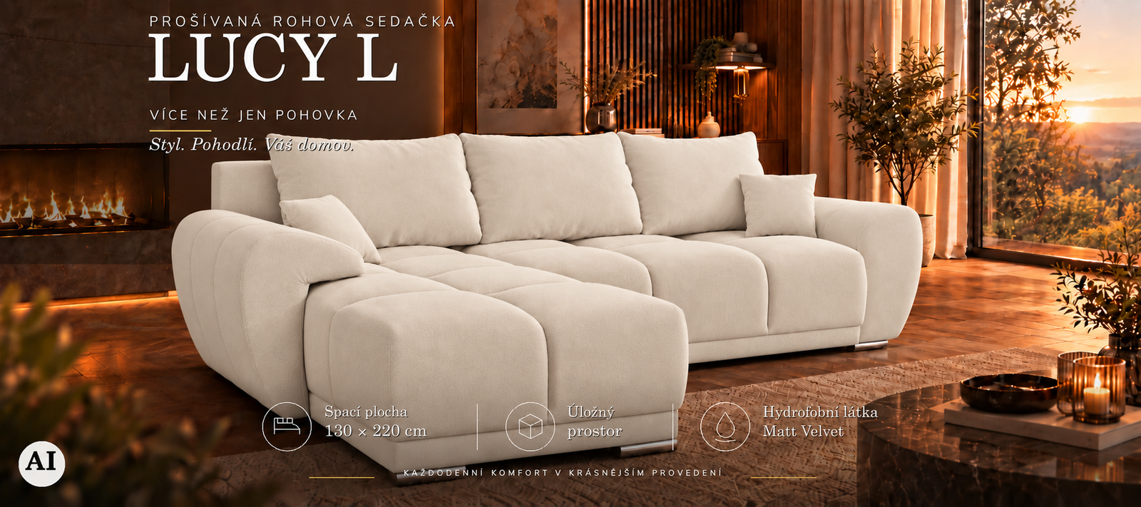 Rohová sedacia súprava LUCY L | 291x183x85cm | VELVET BÉŽOVÁ