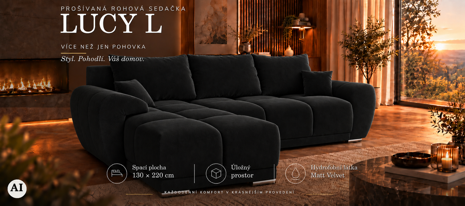 Rohová sedacia súprava LUCY L | 291x183x85cm | VELVET ČIERNÁ
