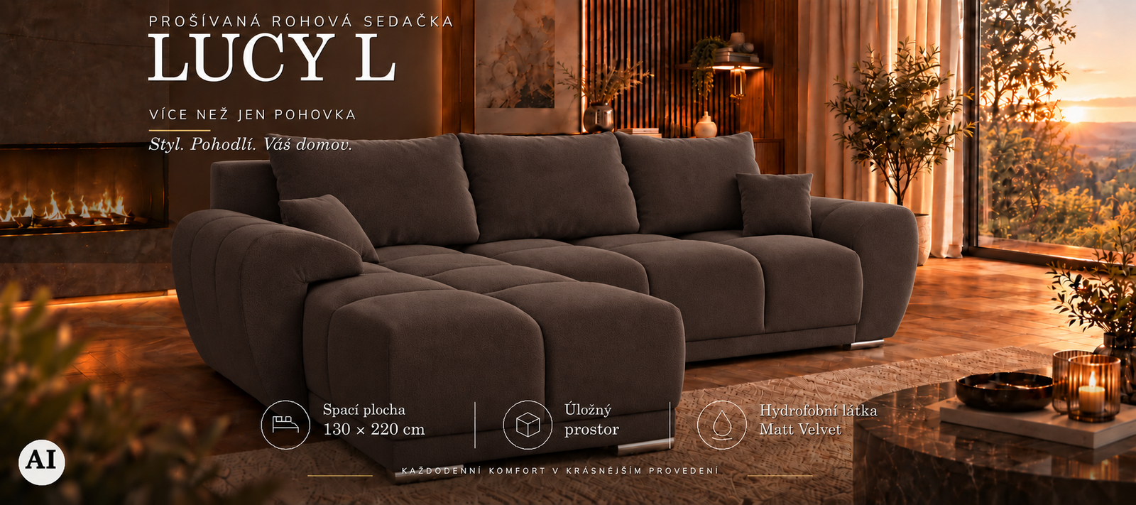 Rohová sedacia súprava LUCY L | 291x183x85cm | VELVET HNEDÁ