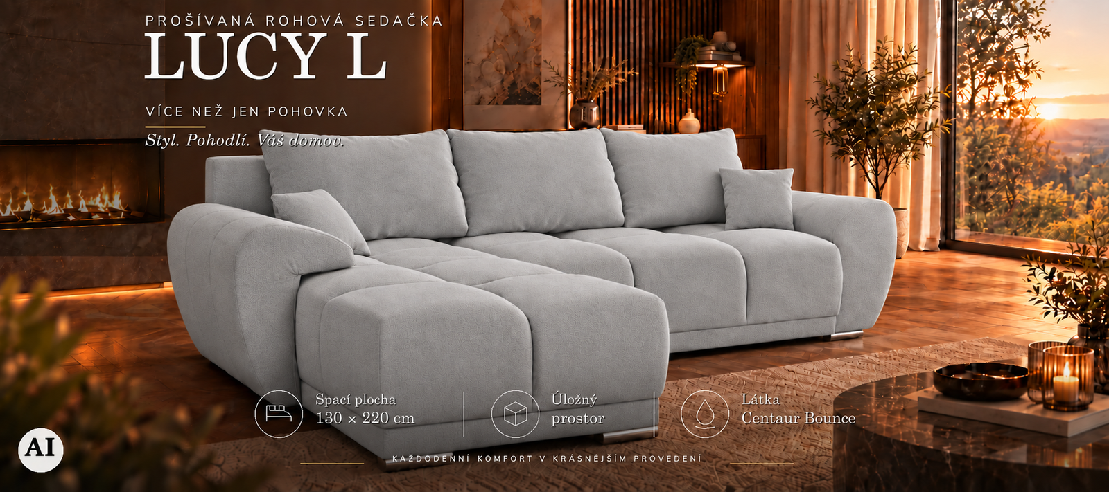 Rohová sedacia súprava LUCY L | 291x183x85cm | VELVET SIVÁ