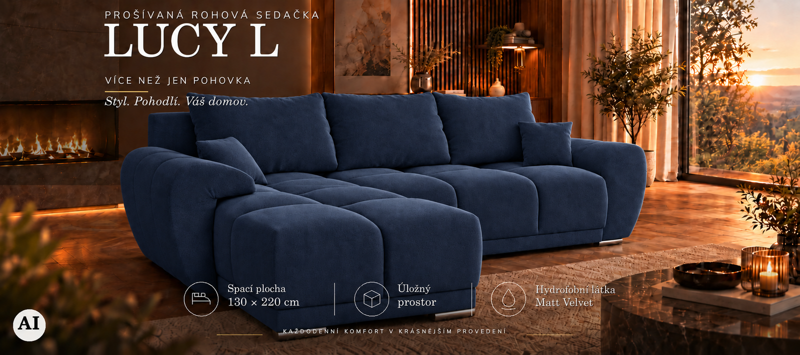 Rohová sedacia súprava LUCY L | 291x183x85cm | VELVET MODRÁ