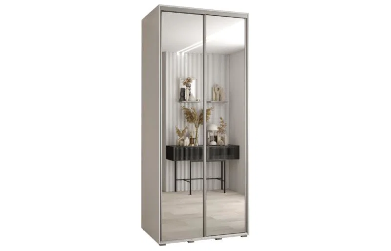 Šatní skříň DAVOS 2 posuvné zrcadlové dvěře, 100×235×45, Bílá / stříbrné pojezdy