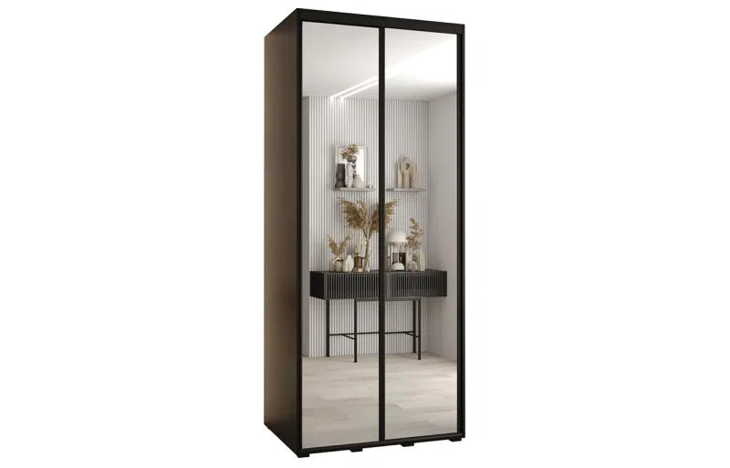 Šatní skříň DAVOS 2 posuvné zrcadlové dvěře, 100×235×45, Černá / černé pojezdy