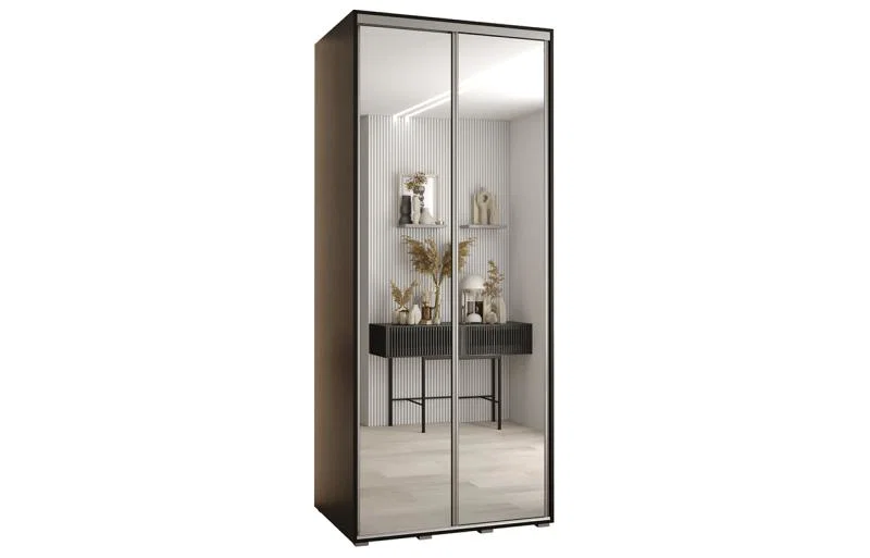 Šatní skříň DAVOS 2 posuvné zrcadlové dvěře, 110×235×45, Černá / stříbrné pojezdy