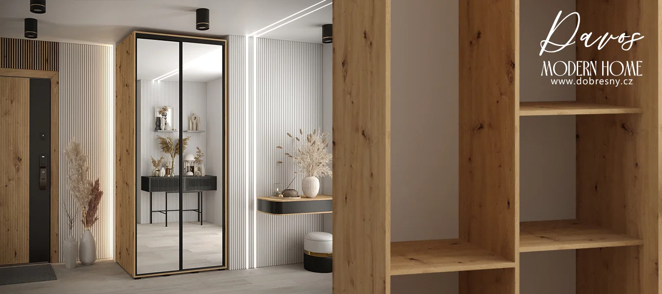 Šatní skříň DAVOS 2 posuvné zrcadlové dvěře, 110×235×45, DUB Artisan / černé pojezdy