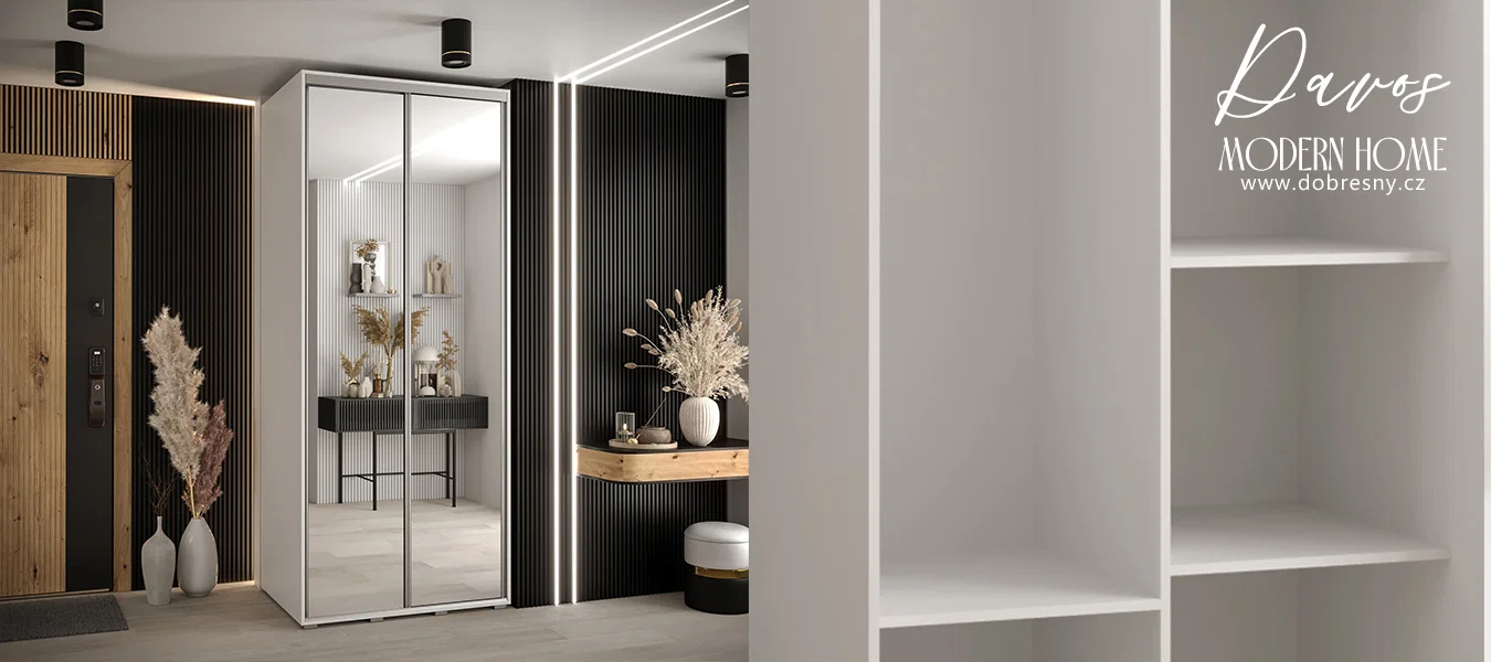 Šatní skříň DAVOS 2 posuvné zrcadlové dvěře, 120×235×45, Bílá / stříbrné pojezdy