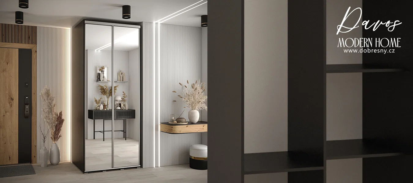 Šatní skříň DAVOS 2 posuvné zrcadlové dvěře, 120×235×45, Černá / stříbrné pojezdy