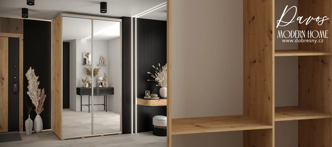 Šatní skříň DAVOS 2 posuvné zrcadlové dvěře, 130×235×45, DUB Artisan / stříbrné