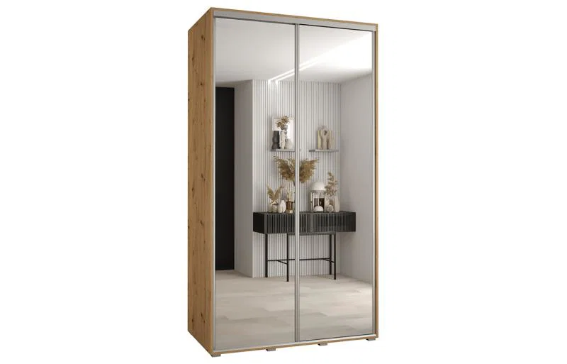 Šatní skříň DAVOS 2 posuvné zrcadlové dvěře, 130×235×45, DUB Artisan / stříbrné