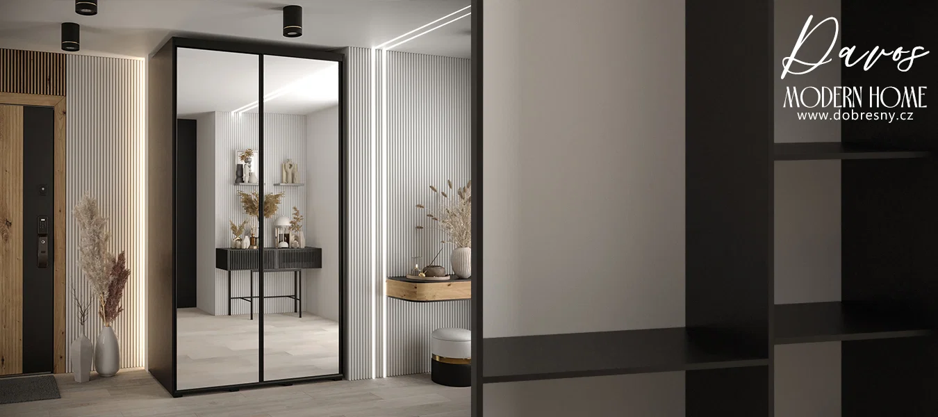 Šatní skříň DAVOS 2 posuvné zrcadlové dvěře, 140×235×45, Černá / černé pojezdy