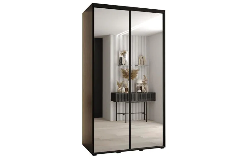 Šatní skříň DAVOS 2 posuvné zrcadlové dvěře, 140×235×45, Černá / černé pojezdy