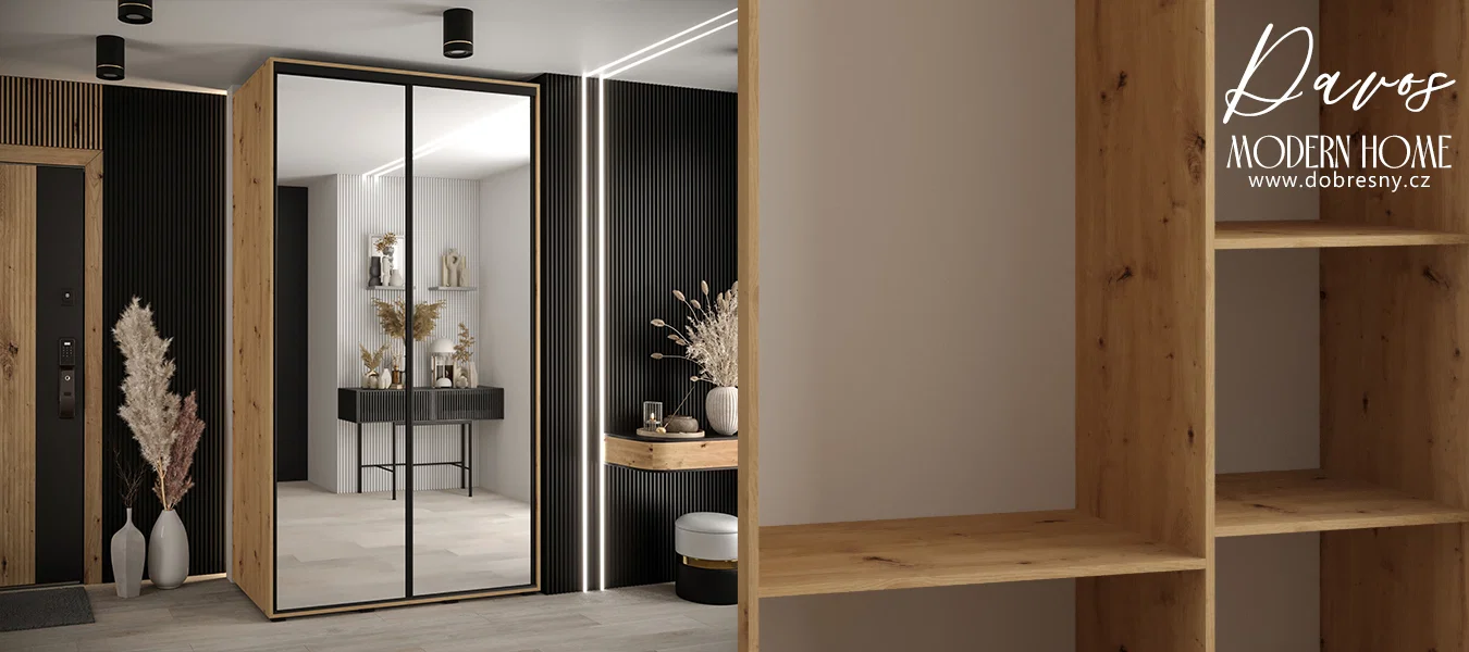 Šatní skříň DAVOS 2 posuvné zrcadlové dvěře, 140×235×45, DUB Artisan / černé pojezdy