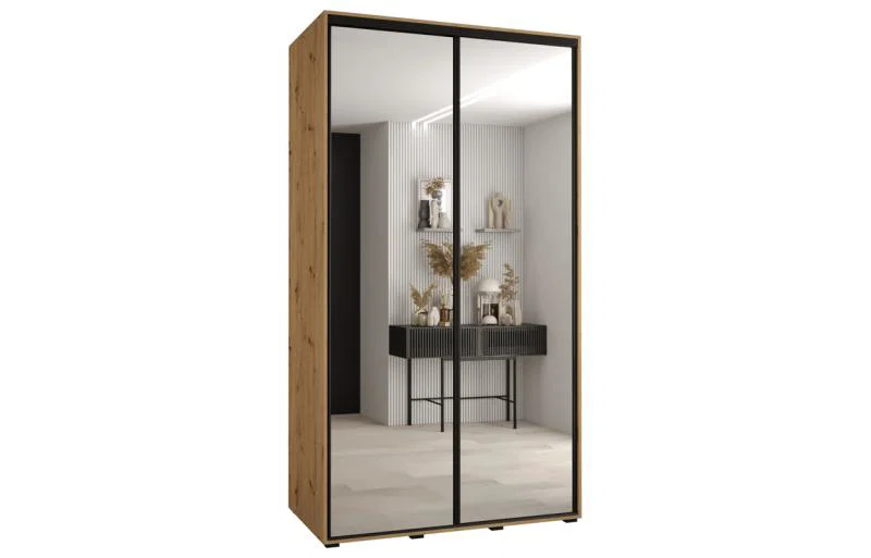 Šatní skříň DAVOS 2 posuvné zrcadlové dvěře, 140×235×45, DUB Artisan / černé pojezdy