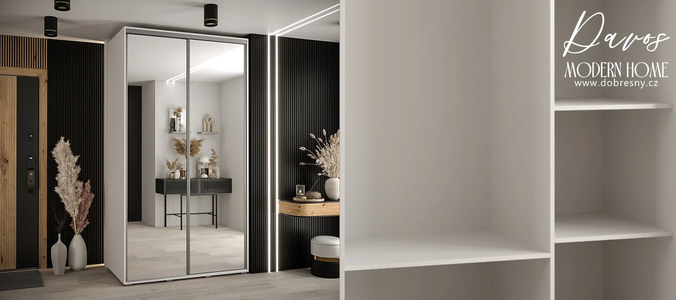 Šatní skříň DAVOS 2 posuvné zrcadlové dvěře, 140×235×45, Bílá / stříbrné pojezdy