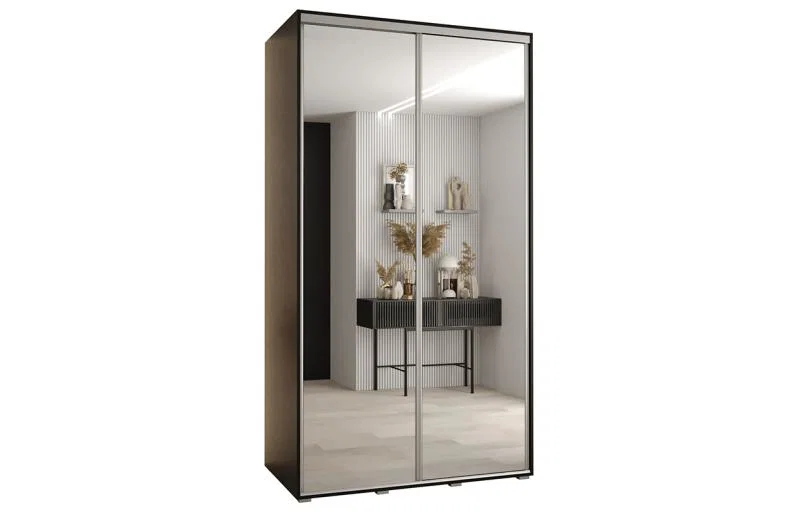 Šatní skříň DAVOS 2 posuvné zrcadlové dvěře, 140×235×45, Černá / stříbrné pojezdy