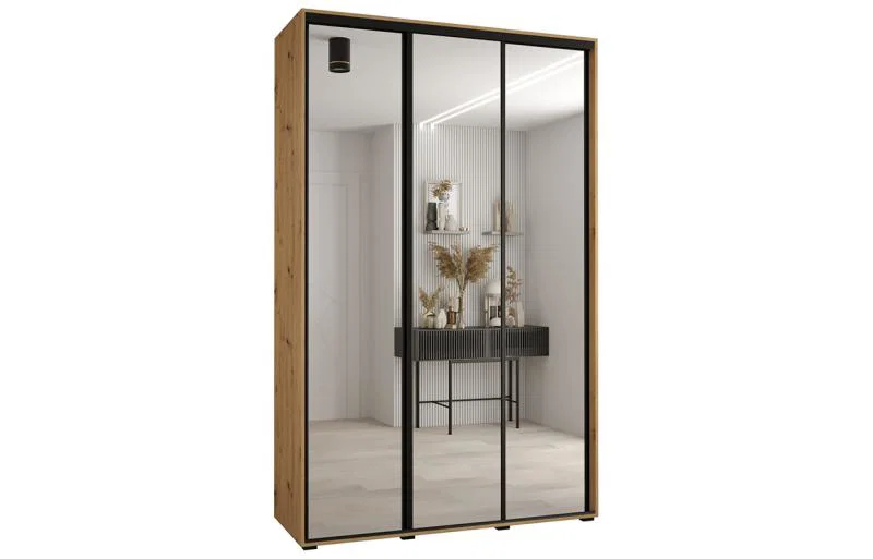 Šatní skříň DAVOS 2 posuvné zrcadlové dvěře, 150×235×45, DUB Artisan / černé pojezdy
