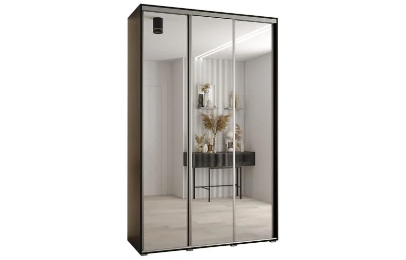 Šatní skříň DAVOS 2 posuvné zrcadlové dvěře, 150×235×45, Černá / stříbrné pojezdy