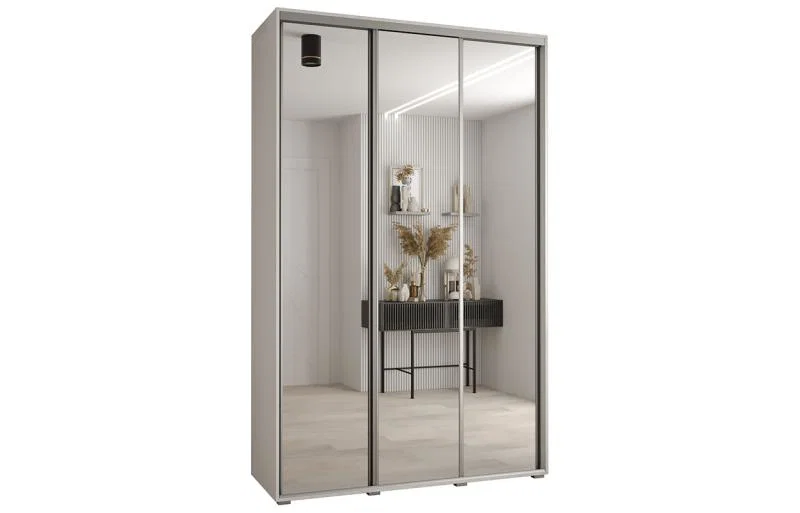 Šatní skříň DAVOS 2 posuvné zrcadlové dvěře, 150×235×45, Bílá / stříbrné pojezdy