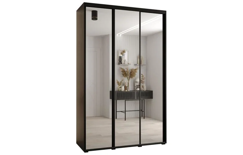 Šatní skříň DAVOS 2 posuvné zrcadlové dvěře, 150×235×45, Černá / černé pojezdy