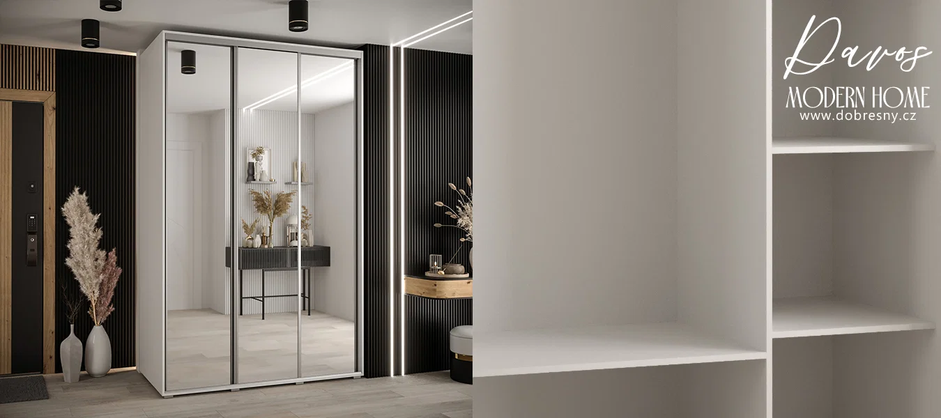 Šatní skříň DAVOS 2 posuvné zrcadlové dvěře, 160×235×45, Bílá / stříbrné pojezdy