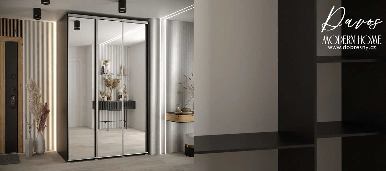 Šatní skříň DAVOS 2 posuvné zrcadlové dvěře, 160×235×45, Černá / stříbrné pojezdy