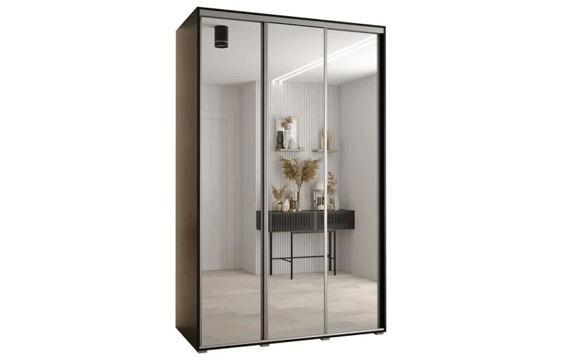 Šatní skříň DAVOS 2 posuvné zrcadlové dvěře, 160×235×45, Černá / stříbrné pojezdy