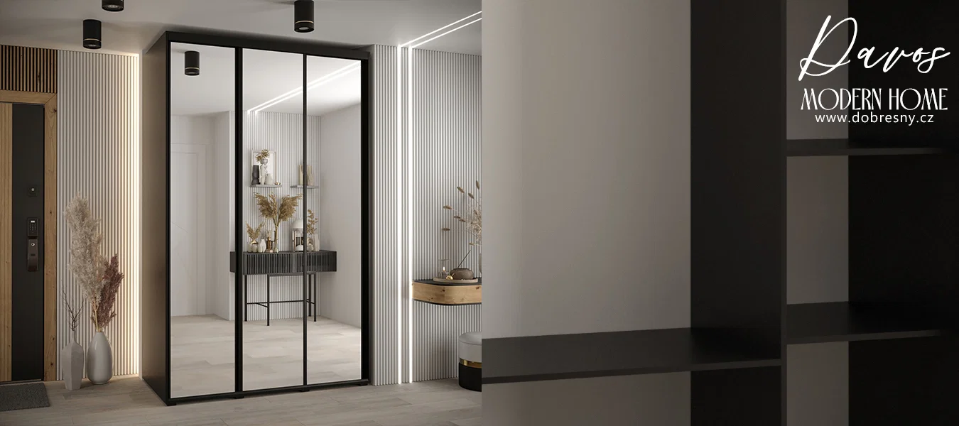Šatní skříň DAVOS 2 posuvné zrcadlové dvěře, 160×235×45, Černá / černé pojezdy