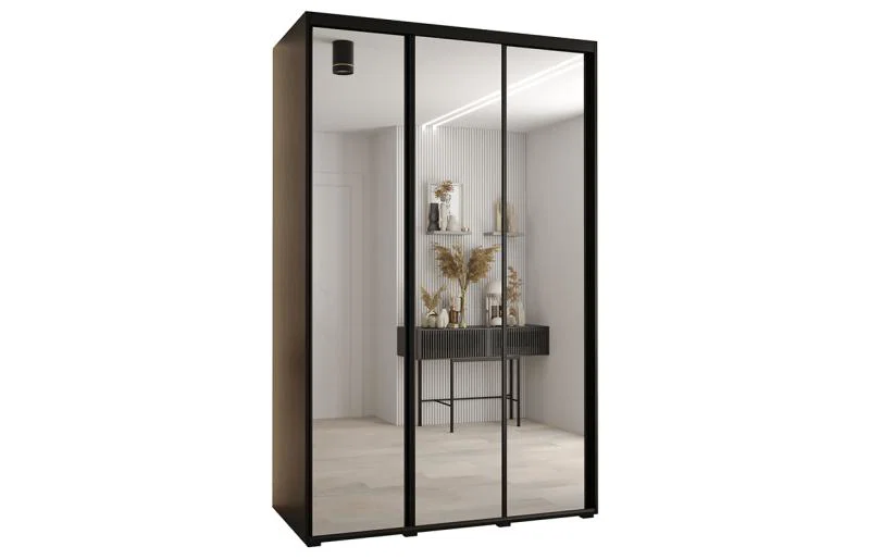 Šatní skříň DAVOS 2 posuvné zrcadlové dvěře, 160×235×45, Černá / černé pojezdy