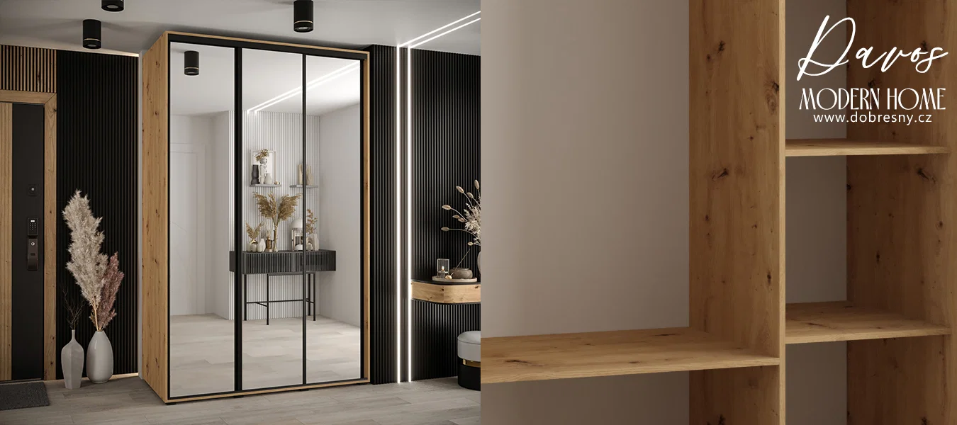 Šatní skříň DAVOS 2 posuvné zrcadlové dvěře, 160×235×45, DUB Artisan / černé pojezdy