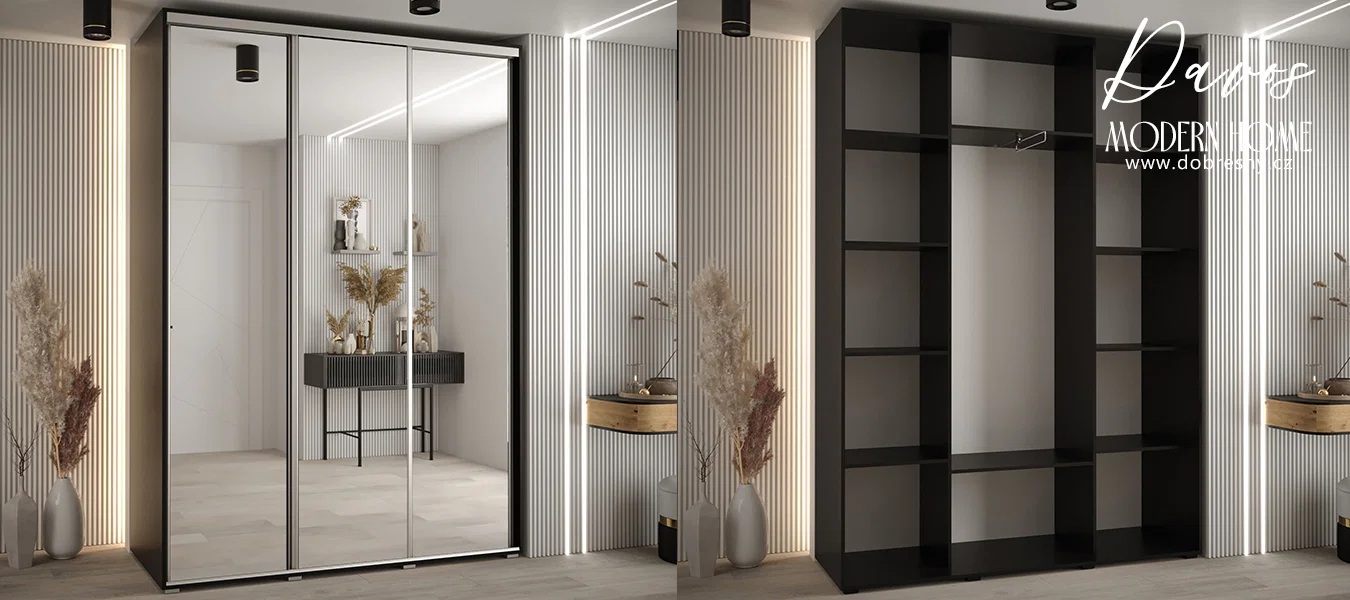 Šatní skříň DAVOS 2 posuvné zrcadlové dvěře, 170×235×45, Černá / stříbrné pojezdy