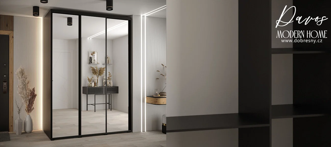 Šatní skříň DAVOS 2 posuvné zrcadlové dvěře, 170×235×45, Černá / černé pojezdy