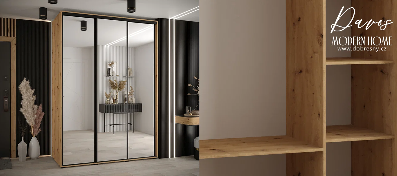 Šatní skříň DAVOS 2 posuvné zrcadlové dvěře, 170×235×45, DUB Artisan / černé pojezdy