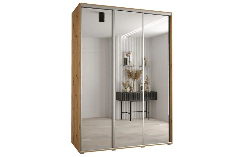 Šatní skříň DAVOS 2 posuvné zrcadlové dvěře, 170×235×45, DUB Artisan / stříbrné