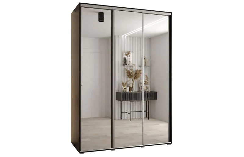 Šatní skříň DAVOS 2 posuvné zrcadlové dvěře, 180×235×45, Černá / stříbrné pojezdy
