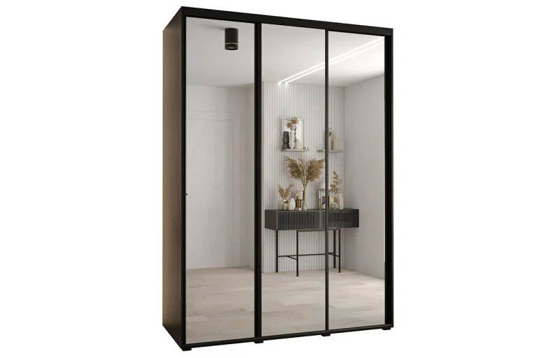 Šatní skříň DAVOS 2 posuvné zrcadlové dvěře, 180×235×45, Černá / černé pojezdy