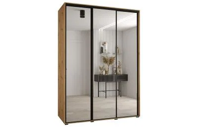 Šatní skříň DAVOS 2 posuvné zrcadlové dvěře, 180×235×45, DUB Artisan / černé pojezdy