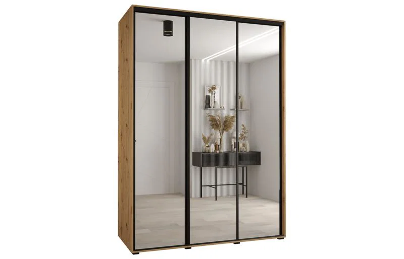 Šatní skříň DAVOS 2 posuvné zrcadlové dvěře, 180×235×45, DUB Artisan / černé pojezdy