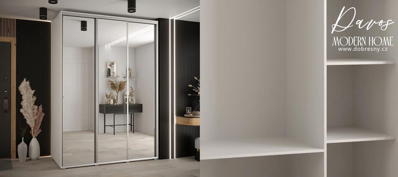 Šatní skříň DAVOS 2 posuvné zrcadlové dvěře, 180×235×45, Bílá / stříbrné pojezdy