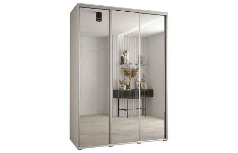 Šatní skříň DAVOS 2 posuvné zrcadlové dvěře, 180×235×45, Bílá / stříbrné pojezdy