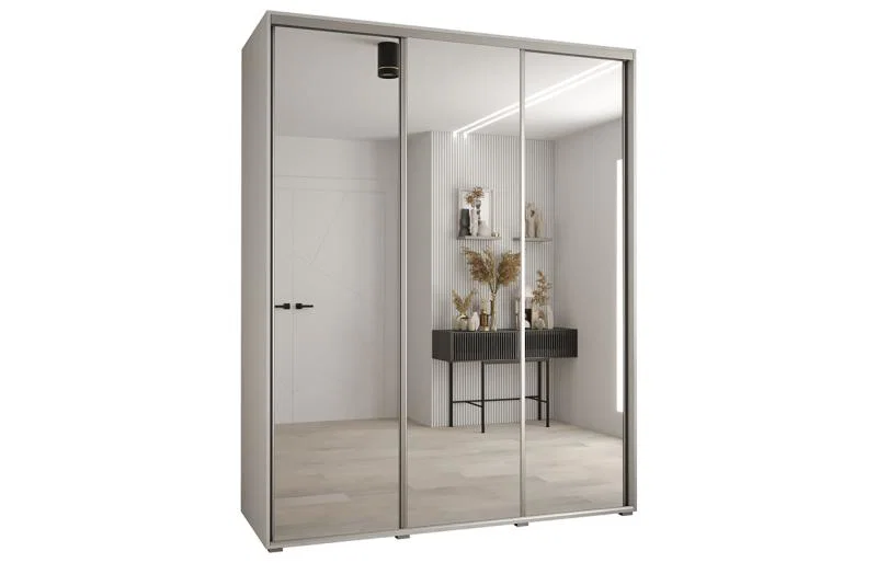 Šatní skříň DAVOS 2 posuvné zrcadlové dvěře, 200×235×45, Bílá / stříbrné pojezdy