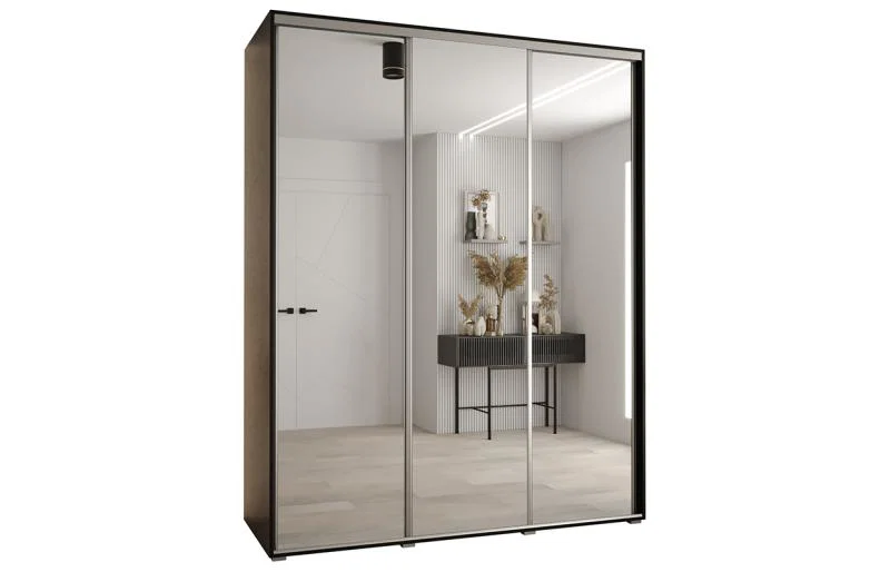 Šatní skříň DAVOS 2 posuvné zrcadlové dvěře, 200×235×45, Černá / stříbrné pojezdy