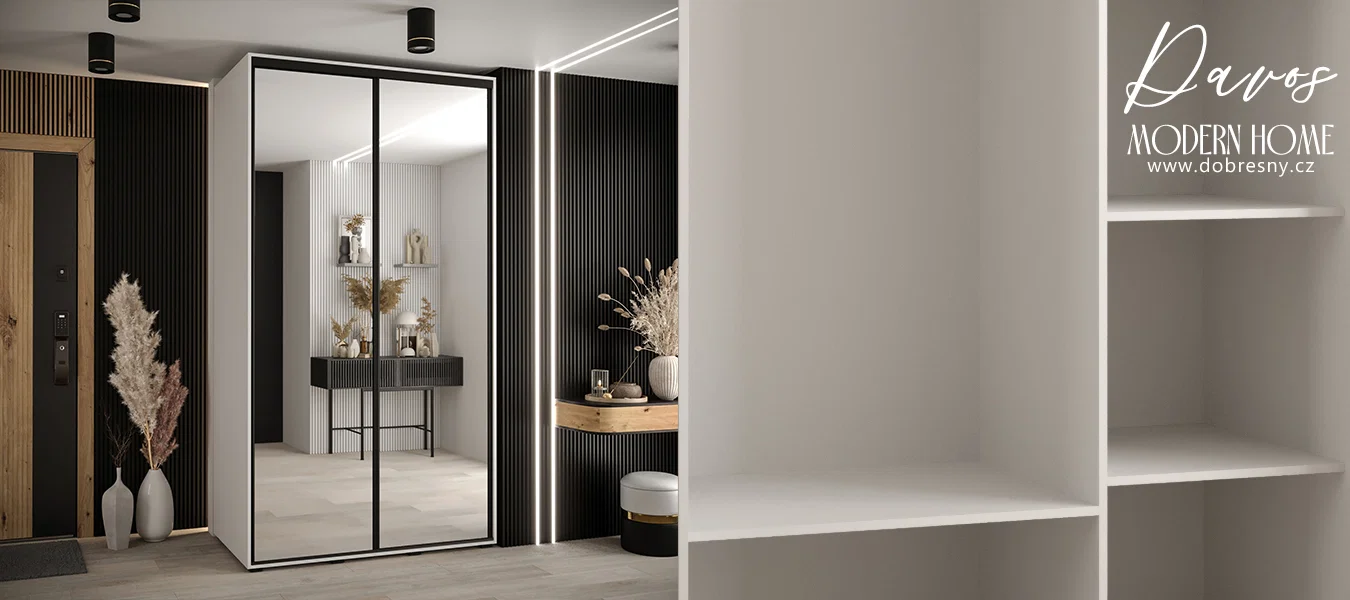 Šatní skříň DAVOS 2 posuvné zrcadlové dvěře, 130×235×45, Bílá / černé pojezdy