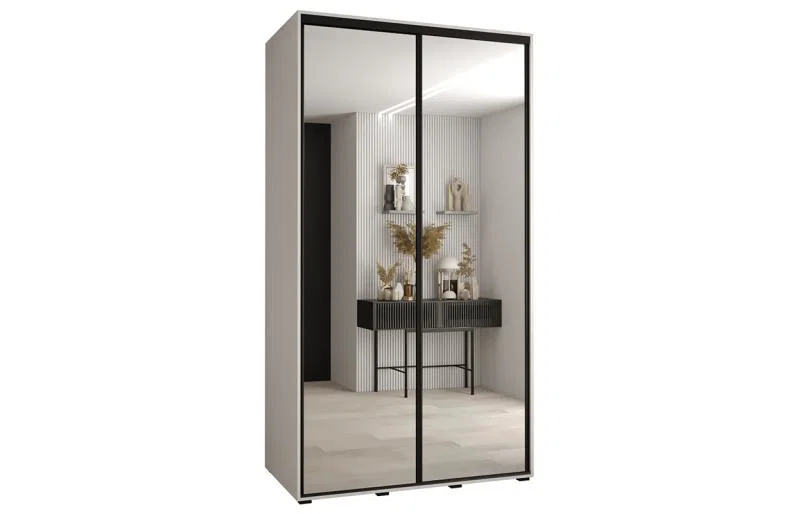 Šatní skříň DAVOS 2 posuvné zrcadlové dvěře, 130×235×45, Bílá / černé pojezdy