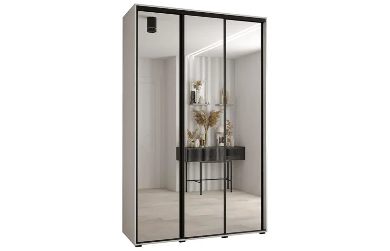 Šatní skříň DAVOS 2 posuvné zrcadlové dvěře, 150×235×45, Bílá / černé pojezdy