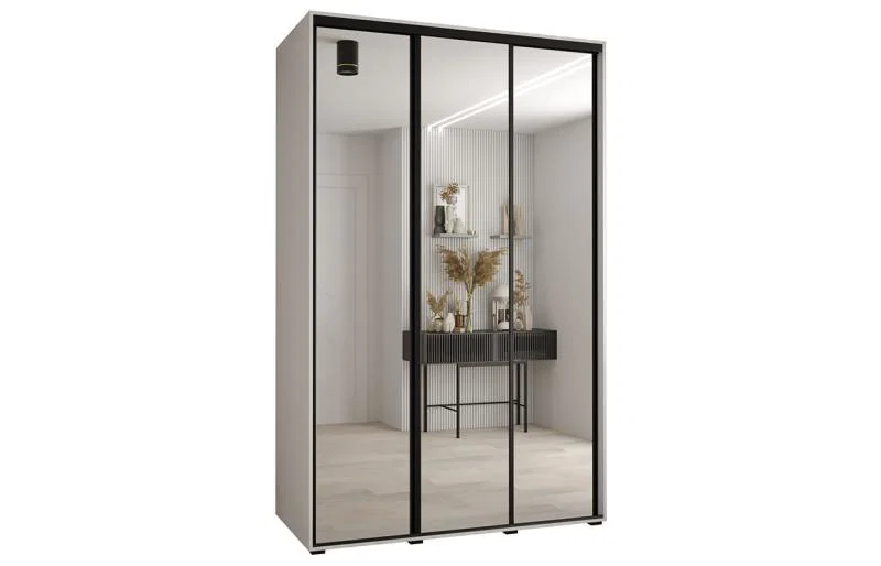 Šatní skříň DAVOS 2 posuvné zrcadlové dvěře, 160×235×45, Bílá / černé pojezdy