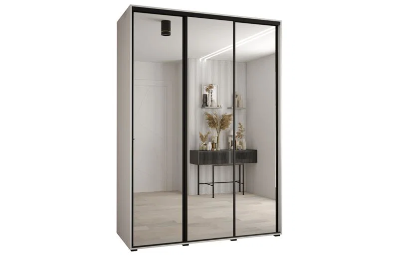 Šatní skříň DAVOS 2 posuvné zrcadlové dvěře, 170×235×45, Bílá / černé pojezdy