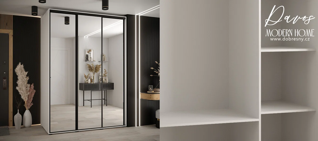 Šatní skříň DAVOS 2 posuvné zrcadlové dvěře, 180×235×45, Bílá / černé pojezdy